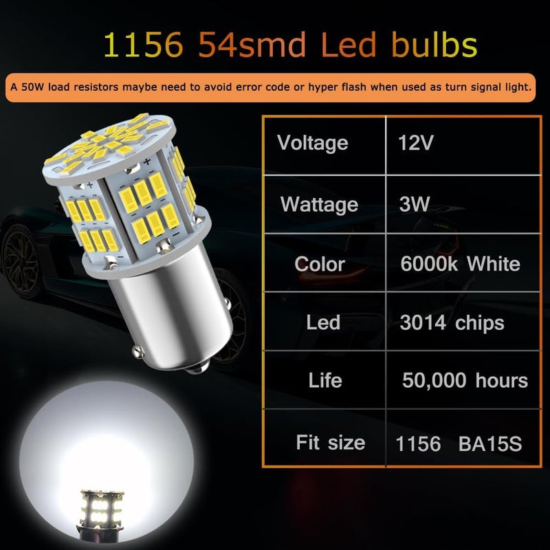Melphan-Auto 1156 Bulb Reverse Light, Led 1141 1003 7506 BA15S Bulbs, 12V-24V 54-SMD Used for Truck Car Backup Reverse Lights, Tail Parking Lights,Camper Trailer RV Interior Light, 4pcs White - Image 3